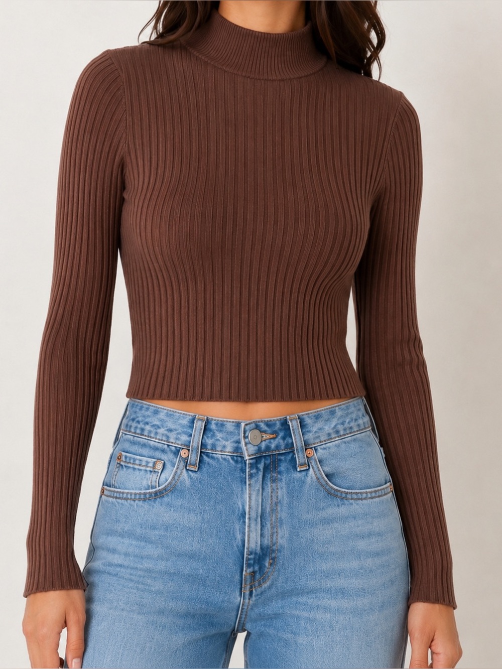 DISSH Align Chocolate Brown Ribbed Long Sleeve Turtleneck Crop Top
